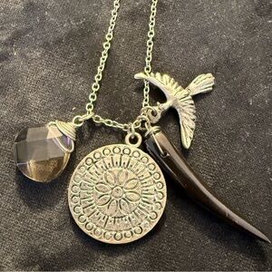 Anthropologie Silver Charm Necklace with Medallion and Bird